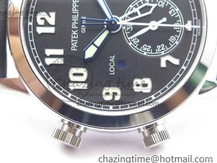 MIROTIME 0402 Stylish Calatrava 5524 Pilot Travel Time SS GRF Black Dial on Black Leather Strap A324 V 7108